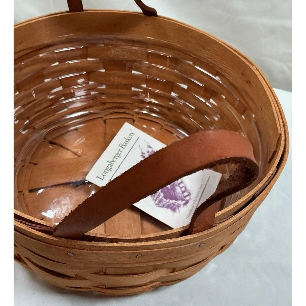 Longaberger Round Darning Basket Leather Handles Plastic Protector Signed 1995